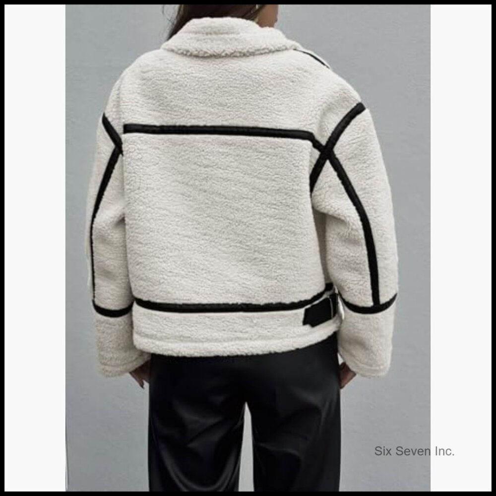 Faux Fur Jacket with Leather Patchwork Zip Up Coat - image 4